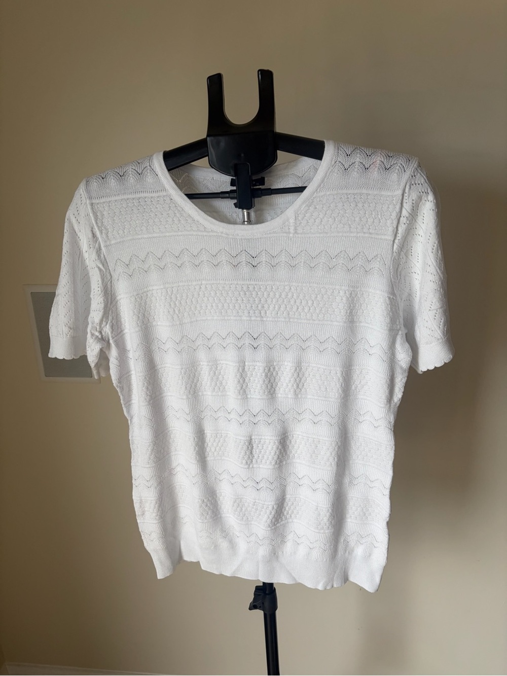 Arolina White Pointelle Crochet Short Sleeve Knit Sweater Top XL NWT